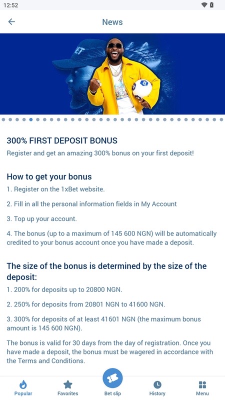 Экран приложения 1xBet на Android, снимок 3